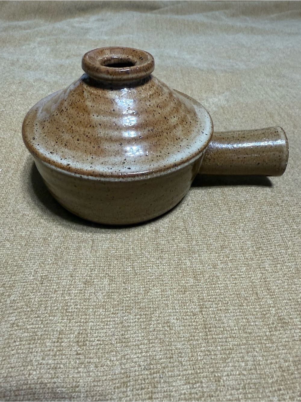 Handmade Speckled Stoneware Lidded Pot with Side Handle - Neutral Tan